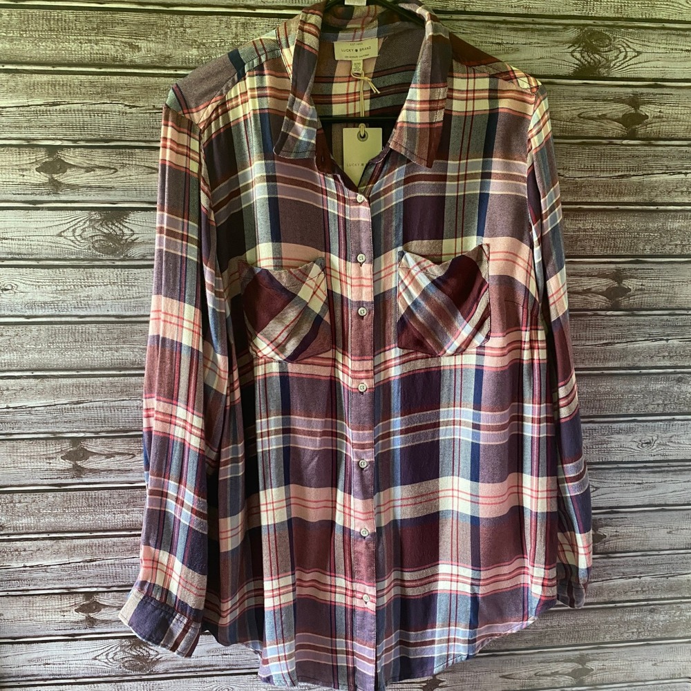 Lucky Brand Women's Long-Sleeved Button-Down Top Size 1X Pink Blue Plaid NWT